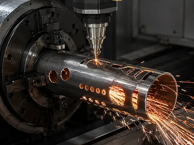 CNC pipe laser cutting on lathe-style machine